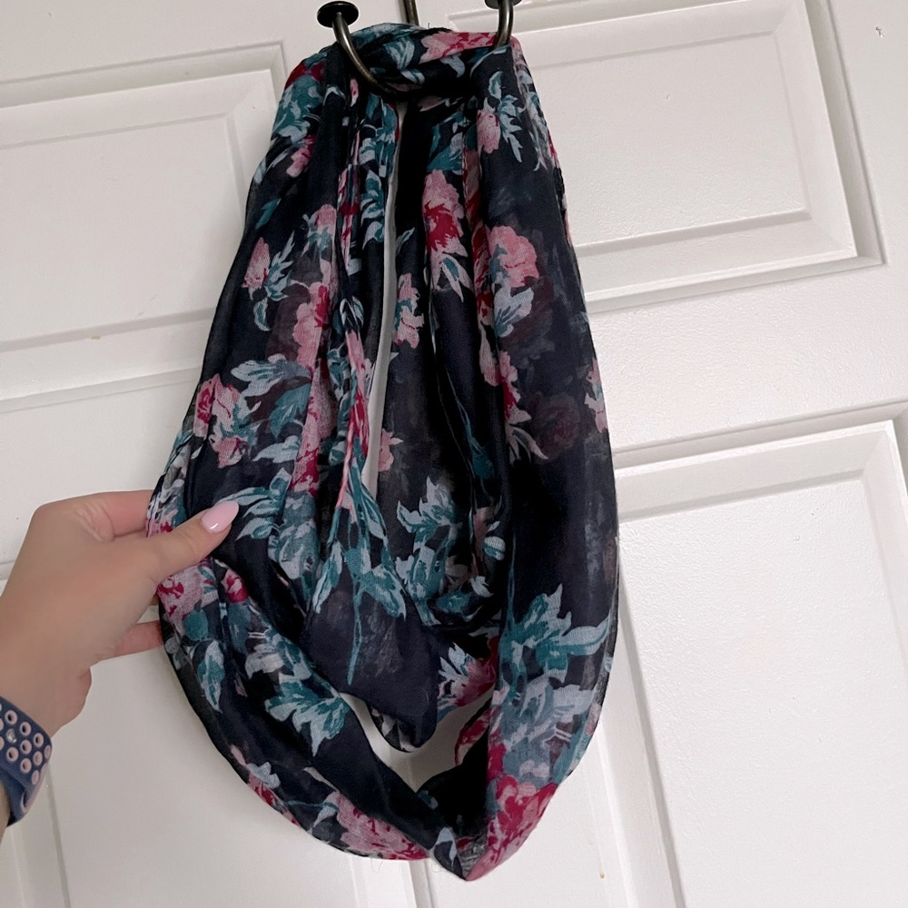 Navy blue infinity scarf with flowers